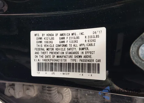 2017 Honda Accord Ex-L from USA, damaged, VIN 1HGCR2F80HA215736